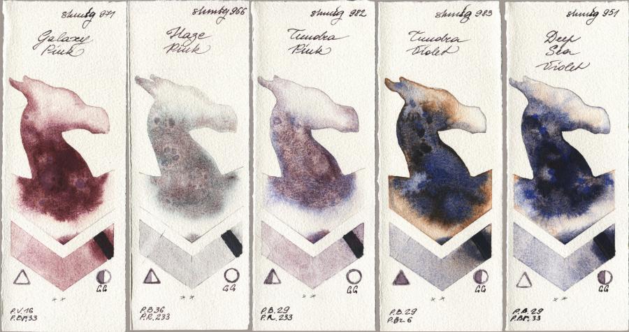 Shminke Horadam Aquarell 971 Galaxy Pink vs 966 Haze Pink vs 982 Tundra Pink vs 983 Tundra Violet vs 951 Deep Sea Violet watercolor swatch
