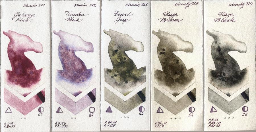 Shminke Horadam Aquarell 971 Galaxy Pink vs 982 Tundra Pink vs 925 Desert Grey vs 969 Haze Brown vs 970 Haze Black watercolor swatch