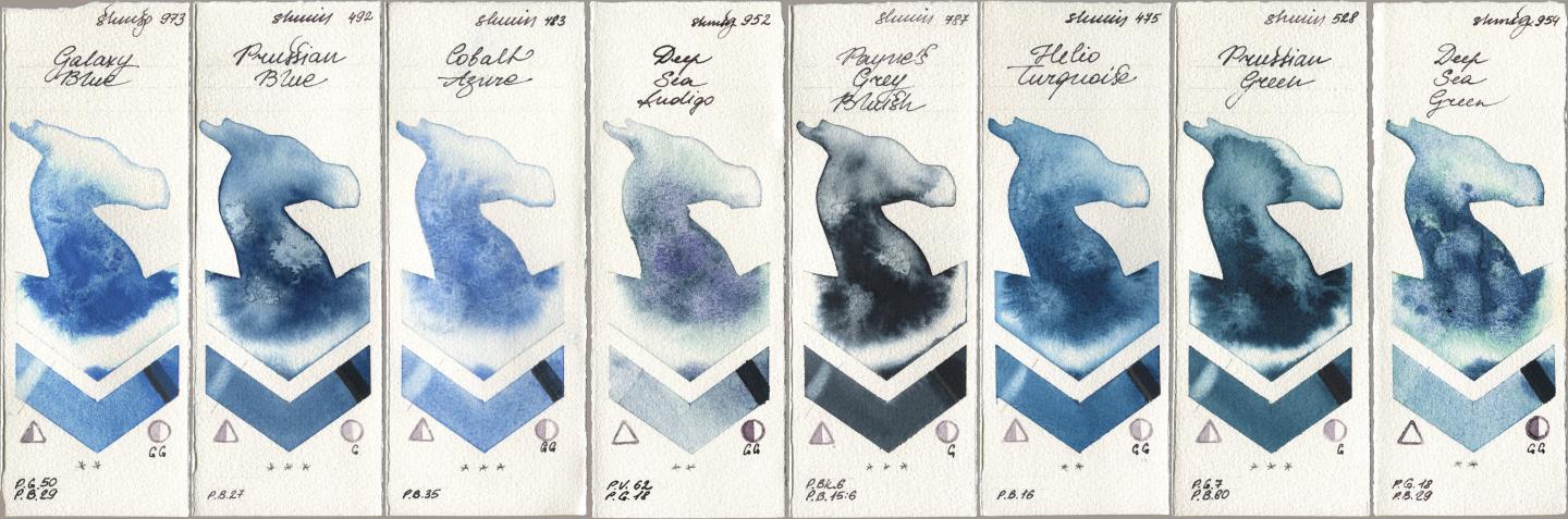 Shminke Horadam Aquarell 973 Galaxy Blue, 492 Prussian Blue, 483 Cobalt Azure, 952 Deep Sea Indigo, 787 Paynes Grey Bluish, 475 Helio Turquoise, 528 Prussian Green, 954 Deep Sea Gre watercolor swatch