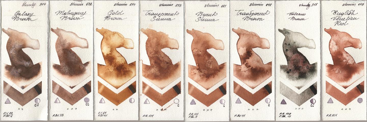 Shminke Horadam Aquarell 974 Galaxy Brown, 672 Mahagony Brown, 654 Gold Brown, 653 Transparent Sienna, 661 Burnt Sienna, 648 Transparent Brown, 915 Volcano Brown, 649 English Venetian R watercolor swatch