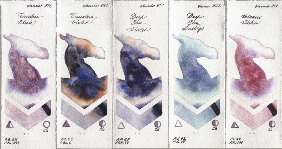 Shminke Horadam Aquarell 982 Tundra Pink vs 983 Tundra Violet vs 951 Deep Sea Violet vs 952 Deep Sea Indigo vs 914 Volcano Violet watercolor swatch