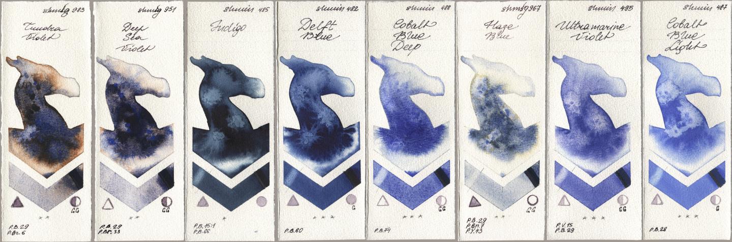 Shminke Horadam Aquarell 983 Tundra Violet, 951 Deep Sea Violet, 485 Indigo, 482 Delft Blue, 488 Cobalt Blue Deep, 967 Haze Blue, 495 Ultramarine Violet, 487 Cobalt Blue Lig watercolor swatch