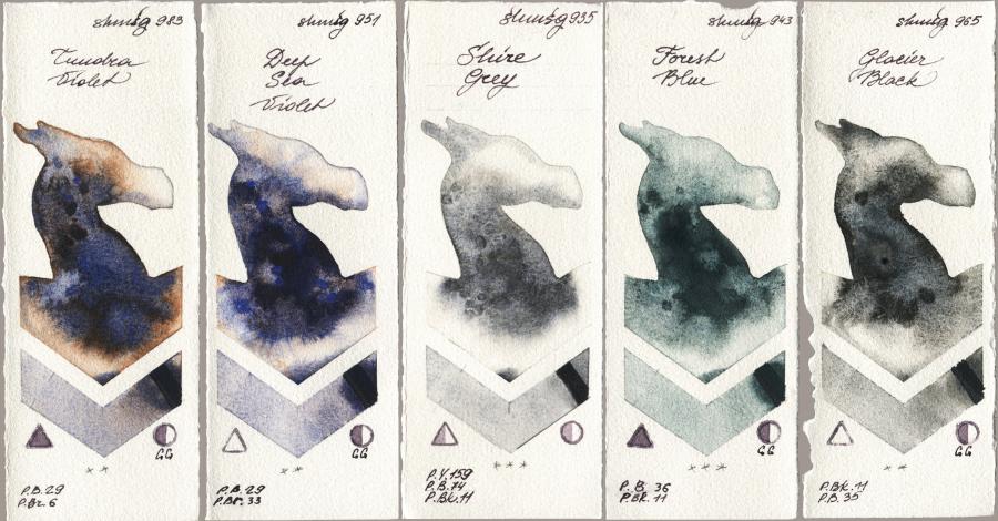 Shminke Horadam Aquarell 983 Tundra Violet vs 951 Deep Sea Violet vs 935 Shire Grey vs 943 Forest Blue vs 965 Glacier Black watercolor swatch