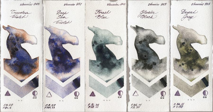 Shminke Horadam Aquarell 983 Tundra Violet vs 951 Deep Sea Violet vs 943 Forest Blue vs 965 Glacier Black vs 925 Desert Grey watercolor swatch