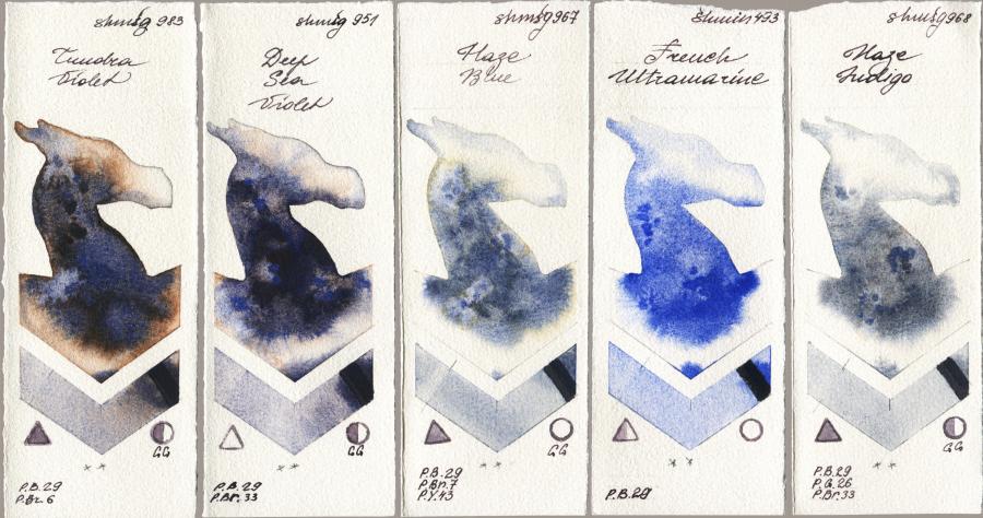 Shminke Horadam Aquarell 983 Tundra Violet vs 951 Deep Sea Violet vs 967 Haze Blue vs 493 French Ultramarine vs 968 Haze Indigo watercolor swatch