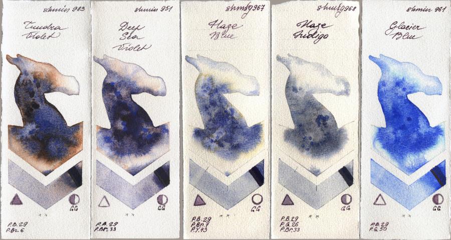 Shminke Horadam Aquarell 983 Tundra Violet vs 951 Deep Sea Violet vs 967 Haze Blue vs 968 Haze Indigo vs 961 Glacier Blue watercolor swatch