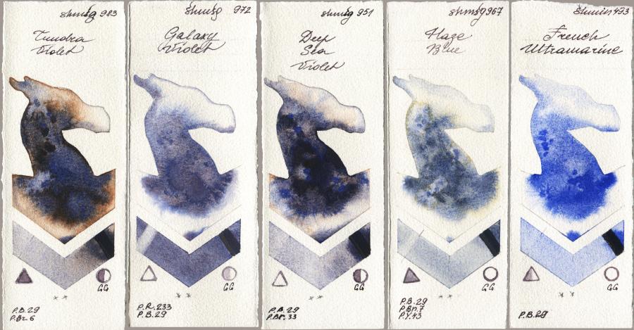 Shminke Horadam Aquarell 983 Tundra Violet, 972 Galaxy Violet, 951 Deep Sea Violet, 967 Haze Blue, 493 French Ultramari watercolor swatch