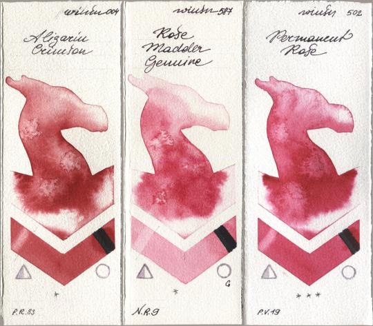 Winsor & Newton Professional 004 Alizarin Crimson, 587 Rose Madder Genuine, 502 Permanent Ro watercolor swatch
