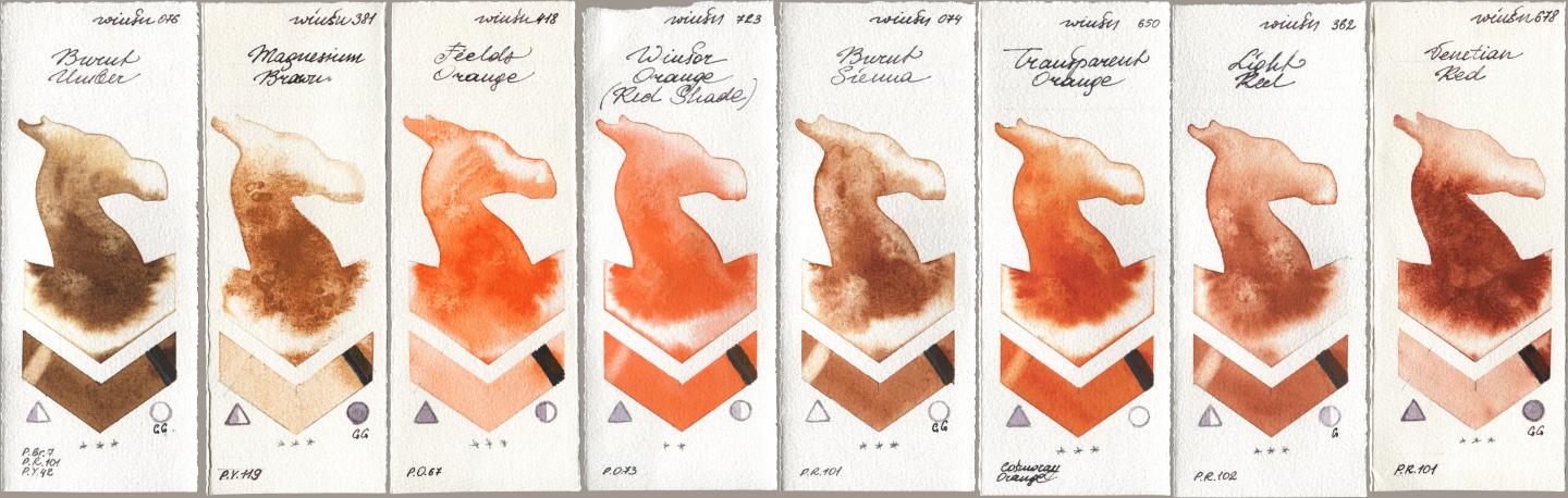 Winsor & Newton Professional 076 Burnt Umber, 381 Magnesuim Brown, 418 Fields Orange, 723 Winsor Orange (Red Shade), 074 Burnt Sienna, 650 Transparent Orange, 362 Light Red, 678 Venetian R watercolor swatch