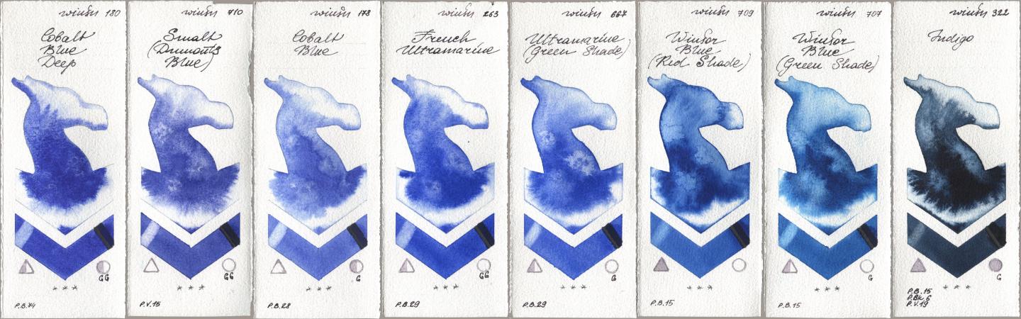 Winsor & Newton Professional 180 Cobalt Blue Deep, 710 Smalt (Dumonts Blue), 178 Cobalt Blue, 263 French Ultramarine, 667 Ultramarine (Green Shade), 709 Winsor Blue (Red Shade), 707 Winsor Blue (Green Shade), 322 Indi watercolor swatch