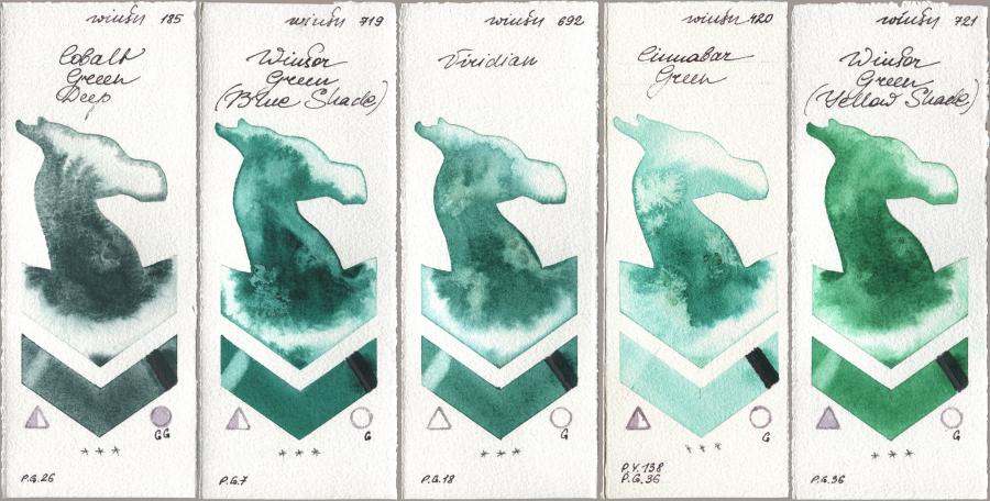 Winsor & Newton Professional 185 Cobalt Green Deep, 719 Winsor Green (Blue Shade), 692 Viridian, 420 Cinnabar Green, 721 Winsor Green (Yellow shad watercolor swatch