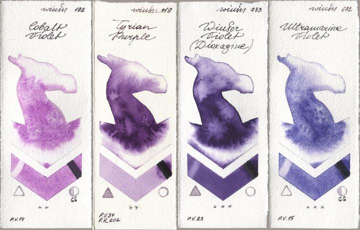 Winsor & Newton Professional 192 Cobalt Violet, 419 Tyrian Purple, 733 Winsor Violet (Dioxazine), 672 Ultramarine Viol watercolor swatch