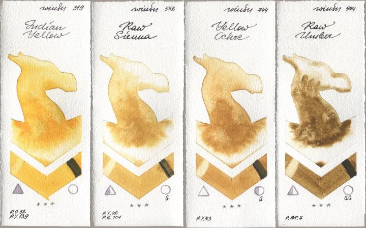 Winsor & Newton Professional 319 Indian Yellow, 552 Raw Sienna, 744 Yellow Ochre, 554 Raw Umb watercolor swatch