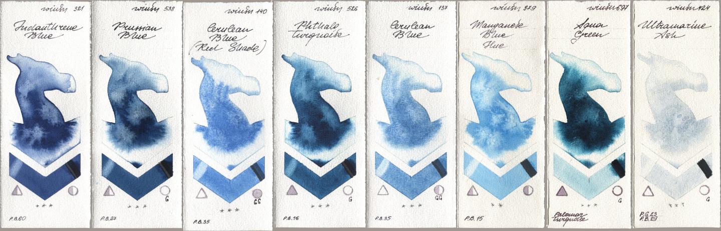 Winsor & Newton Professional 321 Indanthrene Blue, 538 Prussian Blue, 140 Cerulean Blue (Red Shade), 526 Phthalo Turquoise, 137 Cerulean Blue, 379 Manganese Blue Hue, 697 Aqua Green, 424 Ultramarine A watercolor swatch