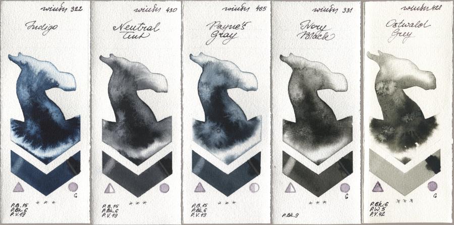 Winsor & Newton Professional 322 Indigo, 430 Neutral Tint, 465 Paynes Gray, 331 Ivory Black, 428 Ostwald Gr watercolor swatch