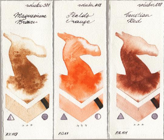 Winsor & Newton Professional 381 Magnesuim Brown vs 418 Fields Orange vs 678 Venetian Red watercolor swatch