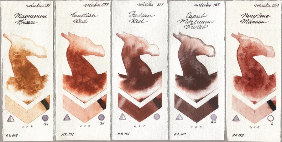 Winsor & Newton Professional 381 Magnesuim Brown, 678 Venetian Red, 317 Indian Red, 125 Caput Mortuum Violet, 507 Perylene Maro watercolor swatch