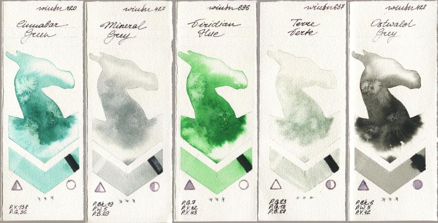 Winsor & Newton Professional 420 Cinnabar Green vs 427 Mineral Grey vs 696 Viridian Hue vs 637 Terre Verte vs 428 Ostwald Grey watercolor swatch