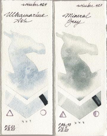 Winsor & Newton Professional 424 Ultramarine Ash vs 427 Mineral Grey watercolor swatch