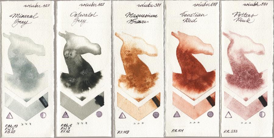 Winsor & Newton Professional 427 Mineral Grey vs 428 Ostwald Grey vs 381 Magnesuim Brown vs 678 Venetian Red vs 537 Potters Pink watercolor swatch