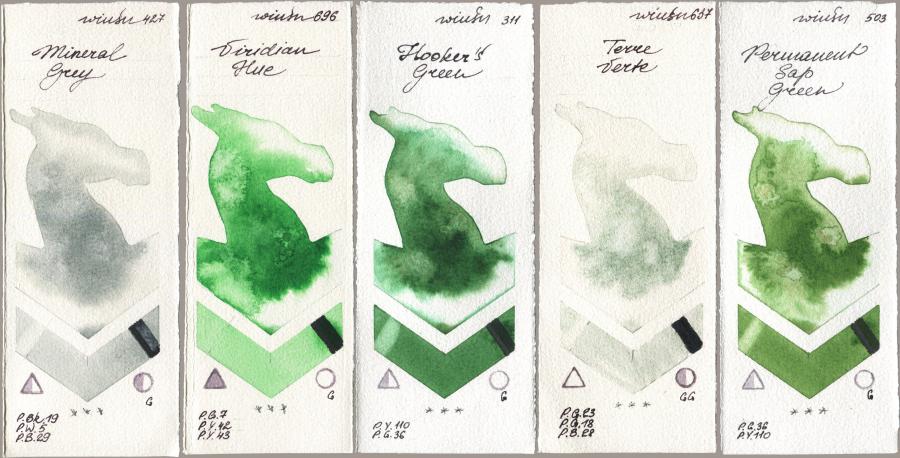 Winsor & Newton Professional 427 Mineral Grey, 696 Viridian Hue, 311 Hookers Green, 637 Terre Verte, 503 Permanent Sap Gre watercolor swatch