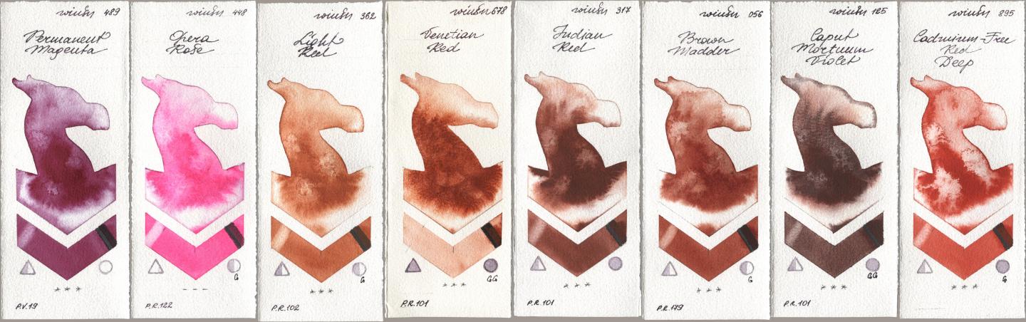 Winsor & Newton Professional 489 Permanent Magenta, 448 Opera Rose, 362 Light Red, 678 Venetian Red, 317 Indian Red, 056 Brown Madder, 125 Caput Mortuum Violet, 895 Cadmium-Free Red De watercolor swatch