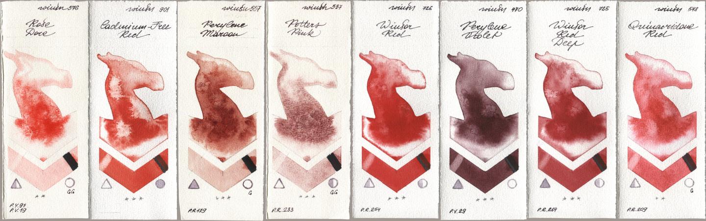 Winsor & Newton Professional 576 Rose Dore, 901 Cadmium-Free Red, 507 Perylene Maroon, 537 Potters Pink, 726 Winsor Red, 470 Perylene Violet, 725 Winsor Red Deep, 548 Quinacridone R watercolor swatch