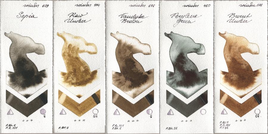 Winsor & Newton Professional 609 Sepia, 554 Raw Umber, 676 Vandyke Brown, 460 Perylene Green, 076 Burnt Umb watercolor swatch