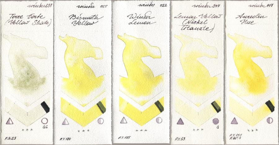 Winsor & Newton Professional 638 Terre Verte (Yellow Shade), 025 Bismuth Yellow, 722 Winsor Lemon, 347 Lemon Yellow (Nickel Titanate), 417 Aureolin H watercolor swatch
