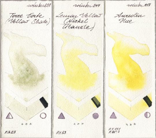 Winsor & Newton Professional 638 Terre Verte (Yellow Shade) vs 347 Lemon Yellow (Nickel Titanate) vs 417 Aureolin Hue watercolor swatch