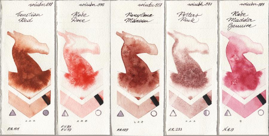 Winsor & Newton Professional 678 Venetian Red vs 576 Rose Dore vs 507 Perylene Maroon vs 537 Potters Pink vs 587 Rose Madder Genuine watercolor swatch
