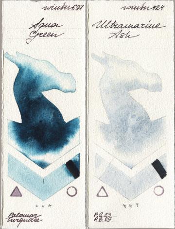 Winsor & Newton Professional 697 Aqua Green vs 424 Ultramarine Ash watercolor swatch