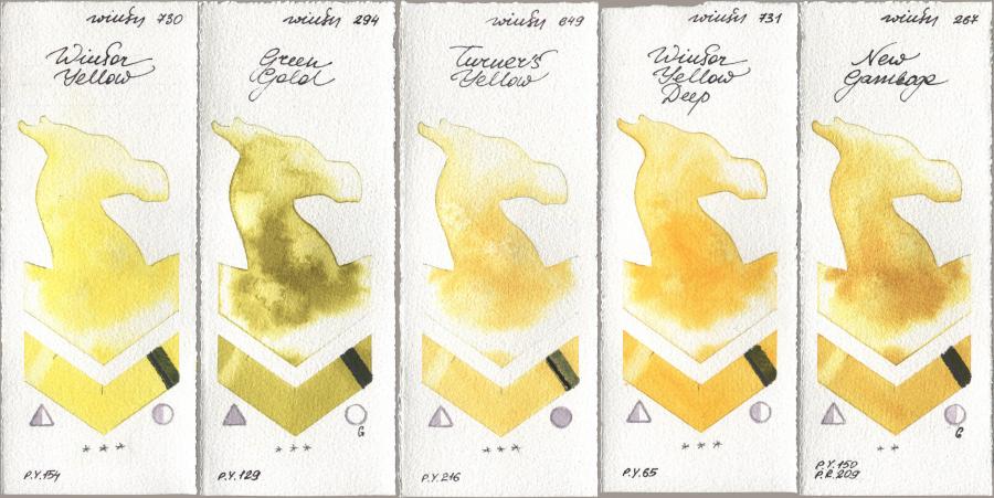 Winsor & Newton Professional 730 Winsor Yellow, 294 Green Gold, 649 Turners Yellow, 731 Winsor Yellow Deep, 267 New Gambo watercolor swatch