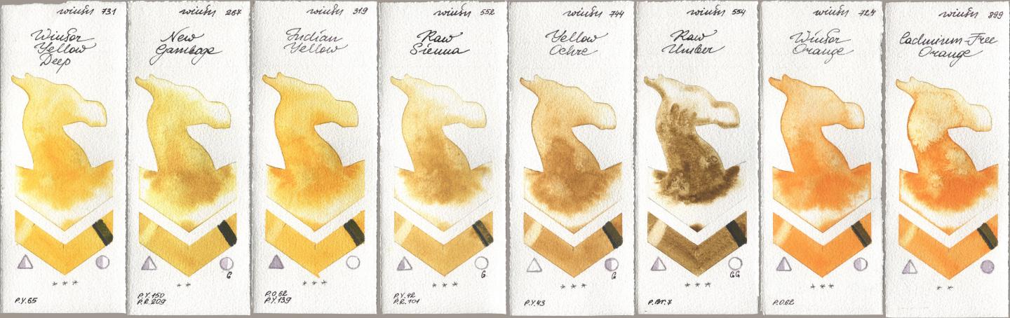 Winsor & Newton Professional 731 Winsor Yellow Deep, 267 New Gamboge, 319 Indian Yellow, 552 Raw Sienna, 744 Yellow Ochre, 554 Raw Umber, 724 Winsor Orange, 899 Cadmium-Free Oran watercolor swatch
