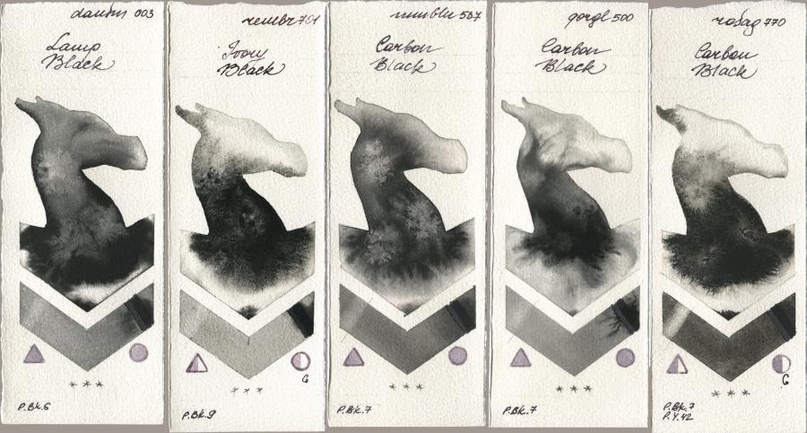 Daniel Smith 003 Lamp Black, Royal Talens Rembrandt Watercolour 701 Ivory Black, Maimeri Blu 537 Carbon Black, Golden QOR 500 Carbon Black, Rosa Gallery 770 Carbon Bla watercolor swatch