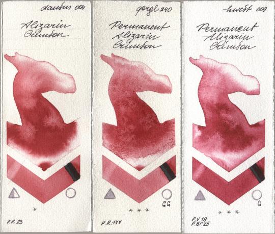 Daniel Smith 004 Alizarin Crimson, Golden QOR 240 Permanent Alizarin Crimson, Holbein Artists Watercolor 009 Permanent Alizarin Crims watercolor swatch