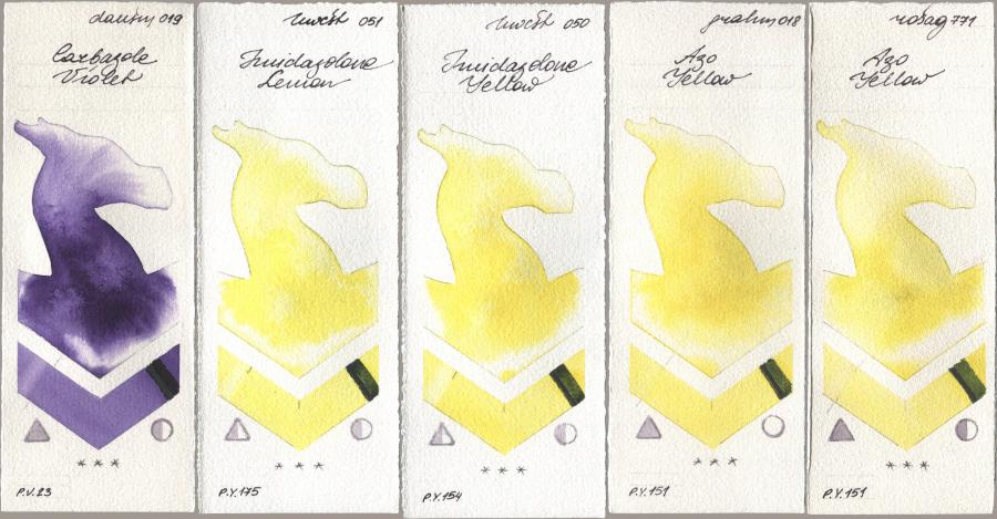 Daniel Smith 019 Carbazole Violet, Holbein Artists Watercolor 051 Imidazolone Lemon, 050 Imidazolone Yellow, M. Graham & Co. Artists 018 Azo Yellow, Rosa Gallery 771 Azo Yell watercolor swatch
