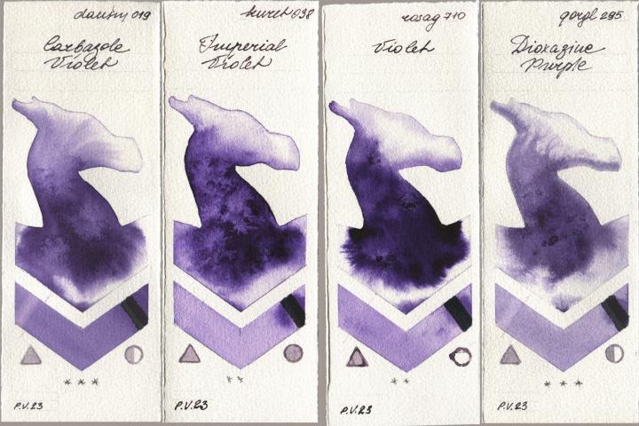 Daniel Smith 019 Carbazole Violet, Kuretake Gansai Tambi 038 Imperial Violet, Rosa Gallery 710 Violet, Golden QOR 295 Dioxazine Purp watercolor swatch