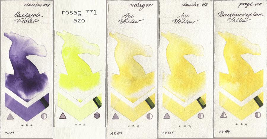 Daniel Smith 019 Carbazole Violet, my 771 my rosa azo, Rosa Gallery 771 Azo Yellow, 215 Azo Yellow, Golden QOR 126 Benzimidazolone Yell watercolor swatch