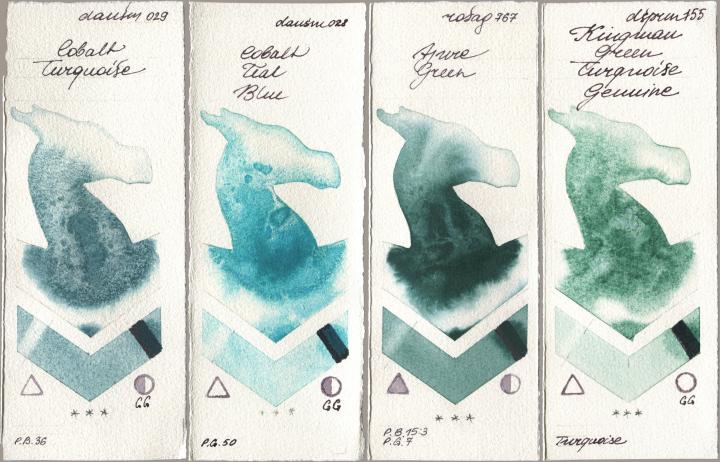 Daniel Smith 029 Cobalt Turquoise, 028 Cobalt Teal Blue, Rosa Gallery 767 Azure Green, 155 Kingman Green Turquoise Genui watercolor swatch