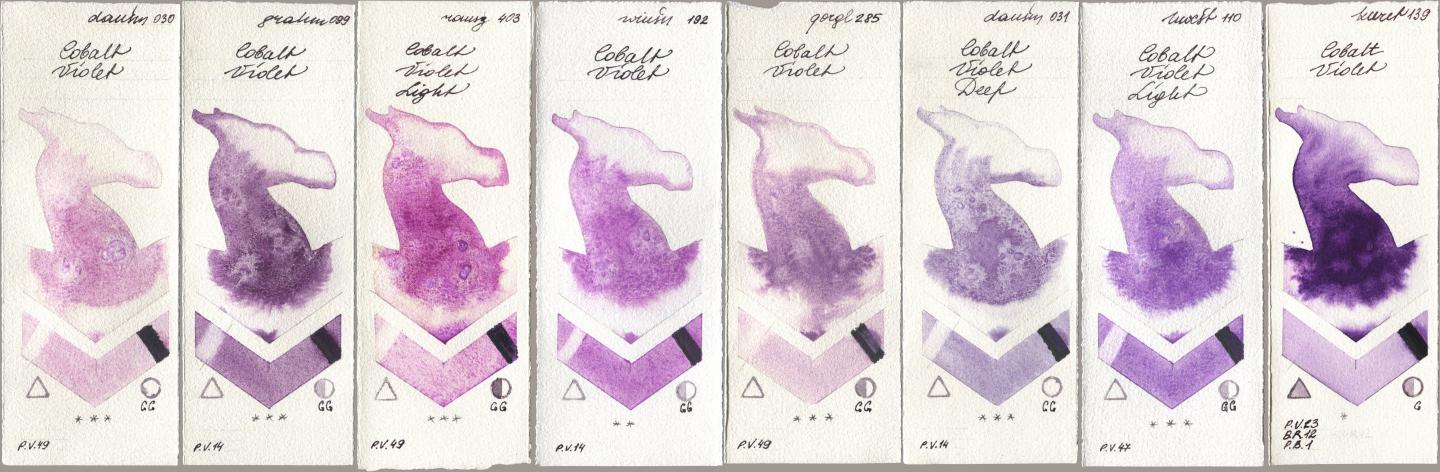 Daniel Smith 030 Cobalt Violet, M. Graham & Co. Artists 099 Cobalt Violet, Roman Szmal Aquarius 403 Cobalt Violet Light, Winsor & Newton Professional 192 Cobalt Violet, Golden QOR 285 Cobalt Violet, 031 Cobalt Violet Deep, Holbein Artists Watercolor 110 Cobalt Violet Light, Kuretake Gansai Tambi 139 Cobalt Viol watercolor swatch