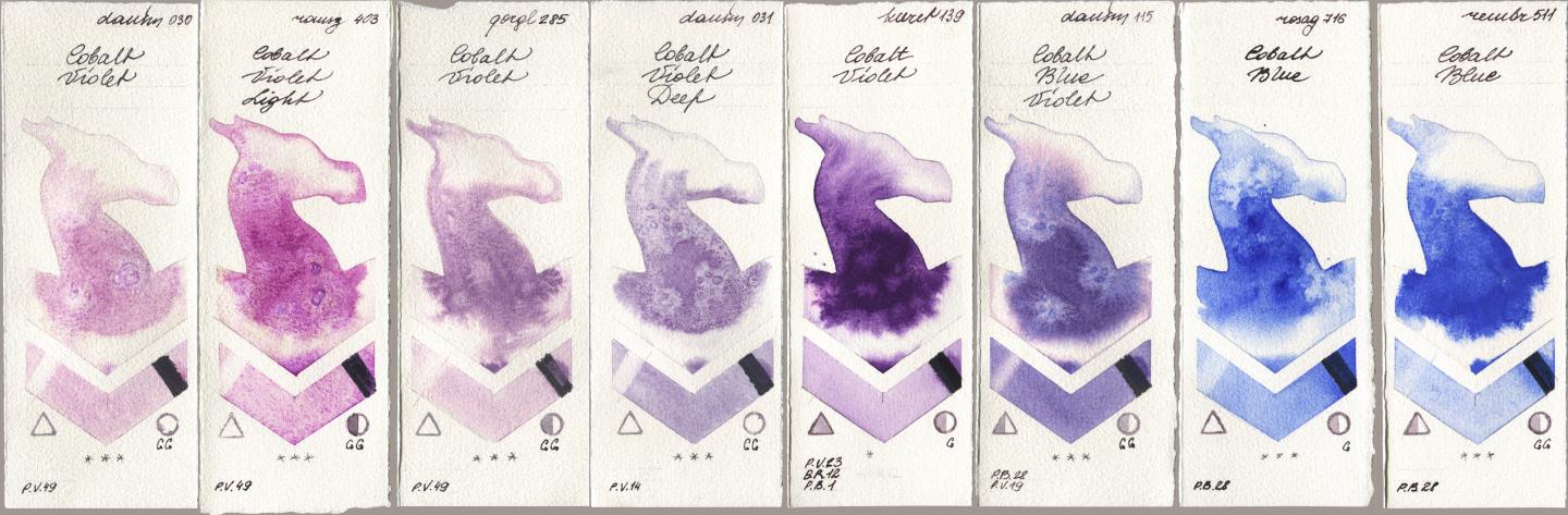 Daniel Smith 030 Cobalt Violet, Roman Szmal Aquarius 403 Cobalt Violet Light, Golden QOR 285 Cobalt Violet, 031 Cobalt Violet Deep, Kuretake Gansai Tambi 139 Cobalt Violet, 115 Cobalt Blue Violet, Rosa Gallery 716 Cobalt Blue, Royal Talens Rembrandt Watercolour 511 Cobalt Bl watercolor swatch