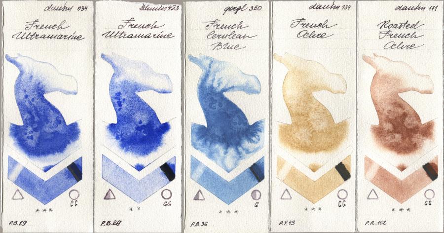 Daniel Smith 034 French Ultramarine, Shminke Horadam Aquarell 493 French Ultramarine, Golden QOR 350 French Cerulean Blue, 134 French Ochre, 171 Roasted French Och watercolor swatch