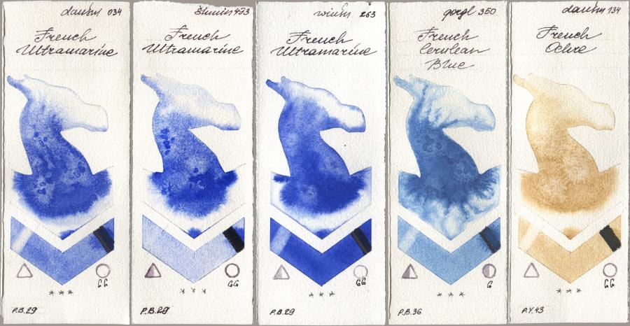 Daniel Smith 034 French Ultramarine, Shminke Horadam Aquarell 493 French Ultramarine, Winsor & Newton Professional 263 French Ultramarine, Golden QOR 350 French Cerulean Blue, 134 French Och watercolor swatch