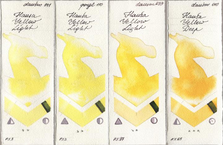 Daniel Smith 041 Hansa Yellow Light, Golden QOR 110 Hansa Yellow Light, 039 Hansa Yellow Light, 040 Hansa Yellow De watercolor swatch