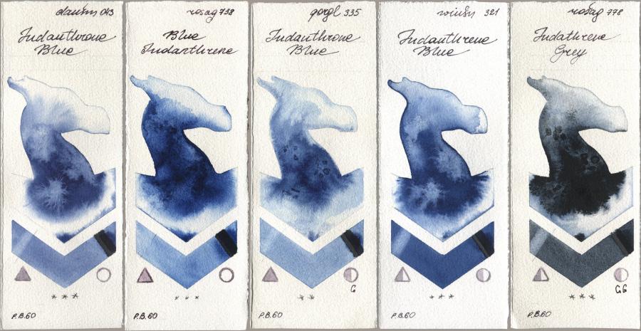 Daniel Smith 043 Indanthrone Blue, Rosa Gallery 738 Blue Indanthrene, Golden QOR 335 Indanthrone Blue, Winsor & Newton Professional 321 Indanthrene Blue, 778 Indanthrene Gr watercolor swatch