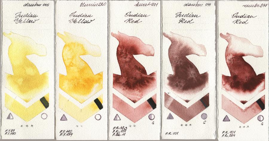 Daniel Smith 045 Indian Yellow, Shminke Horadam Aquarell 220 Indian Yellow, Kuretake Gansai Tambi 071 Indian Red, 044 Indian Red, Royal Talens Rembrandt Watercolour 347 Indian R watercolor swatch