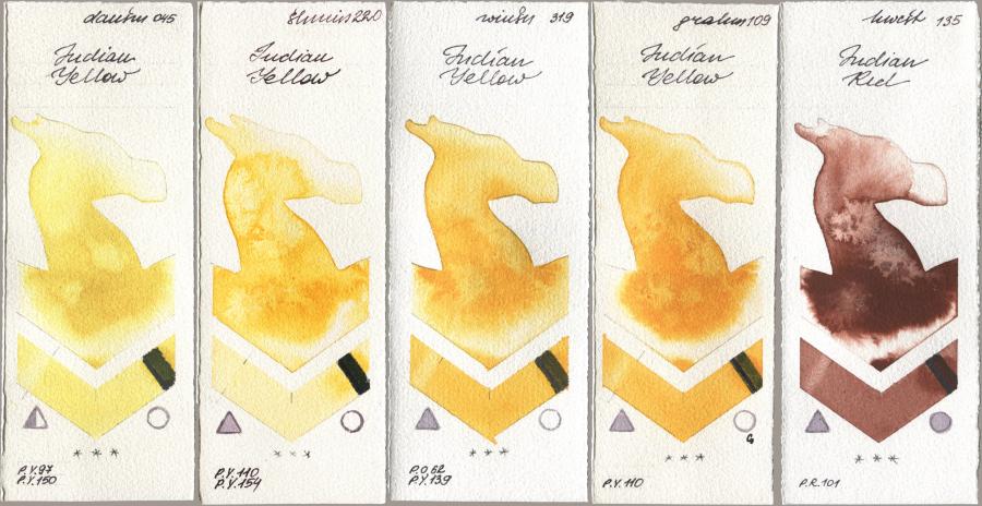 Daniel Smith 045 Indian Yellow, Shminke Horadam Aquarell 220 Indian Yellow, Winsor & Newton Professional 319 Indian Yellow, M. Graham & Co. Artists 109 Indian Yellow, Holbein Artists Watercolor 135 Indian R watercolor swatch