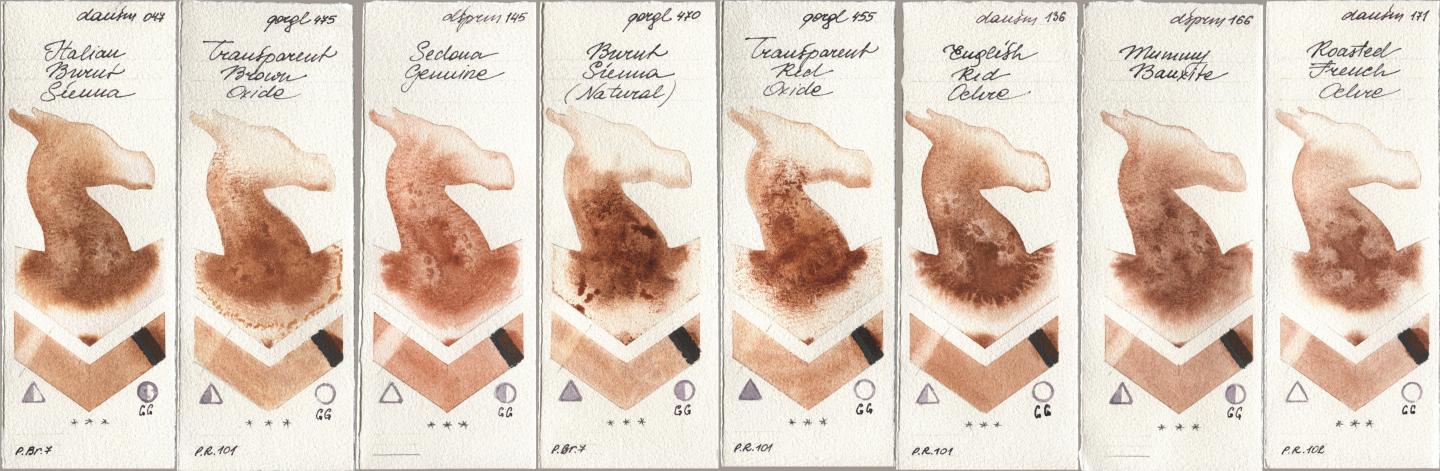 Daniel Smith 047 Italian Burnt Sienna, Golden QOR 475 Transparent Brown Oxide, 145 Sedona Genuine, 470 Burnt Sienna (Natural), 455 Transparent Red Oxide, 136 English Red Ochre, 166 Mummy Bauxite, 171 Roasted French Och watercolor swatch