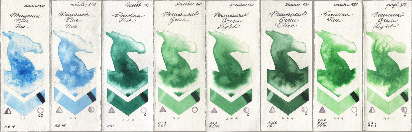 Daniel Smith 051 Manganese Blue Hue, Winsor & Newton Professional 379 Manganese Blue Hue, Holbein Artists Watercolor 061 Virdian Hue, 070 Permanent Green, M. Graham & Co. Artists 130 Permanent Green Light, Shminke Horadam Aquarell 534 Permanent Green Olive, 696 Viridian Hue, Golden QOR 385 Permanent Green Lig watercolor swatch
